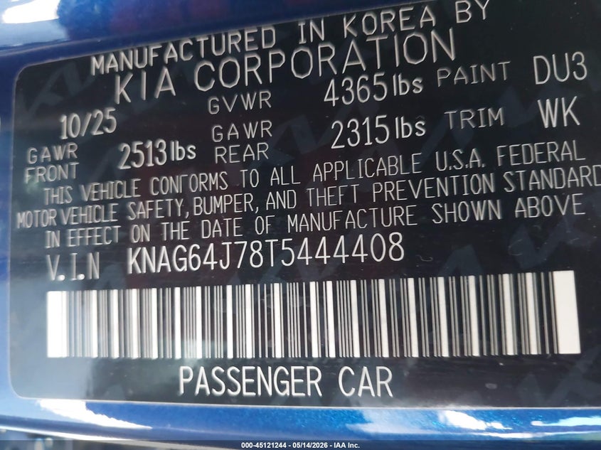 KIA K5 2026 VIN KNAG64J78T5444408