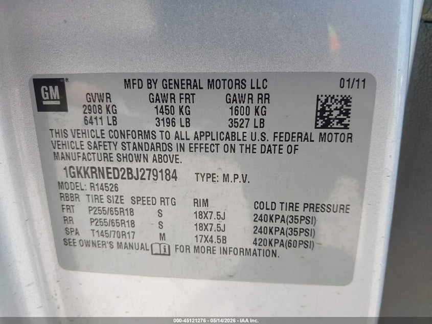 2011 GMC ACADIA SPORT UTILITY VEHICLE 3.6L V-6 DI, DOHC, VVT, 288HP