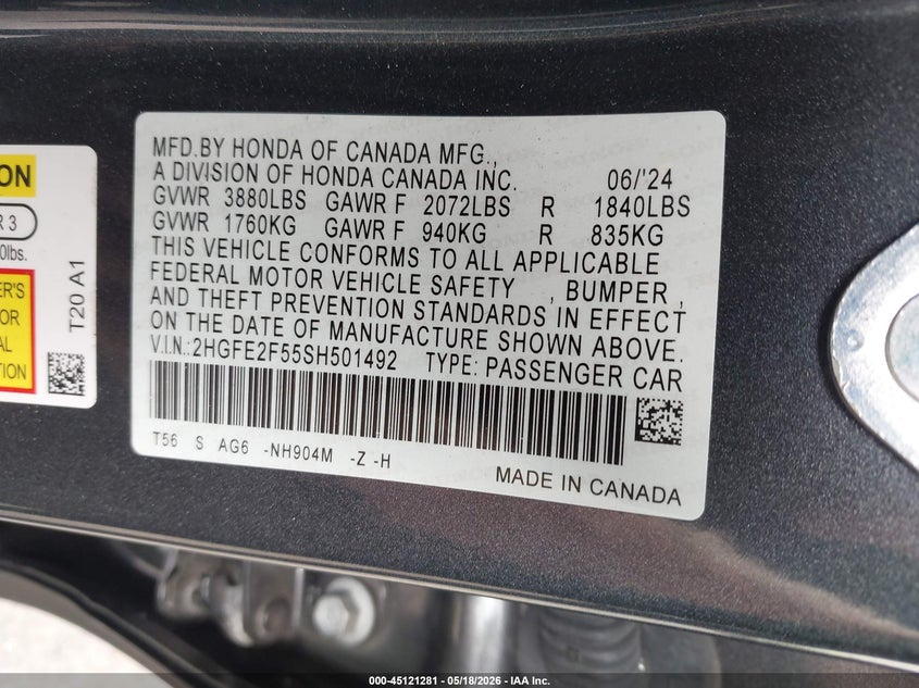 VIN 2HGFE2F55SH501492 2025 HONDA CIVIC SPORT