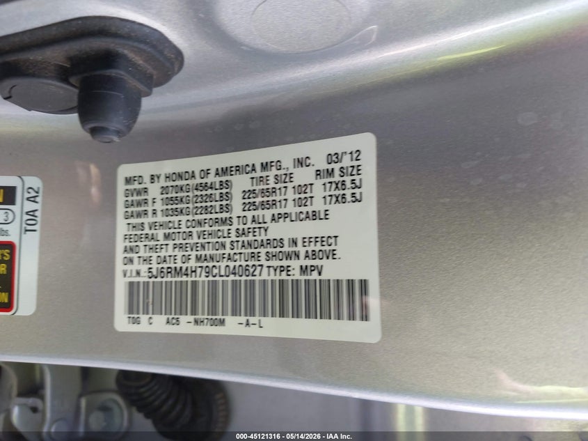2012 HONDA CR-V SPORT UTILITY VEHICLE 2.4L I-4 DOHC, VVT, 185HP