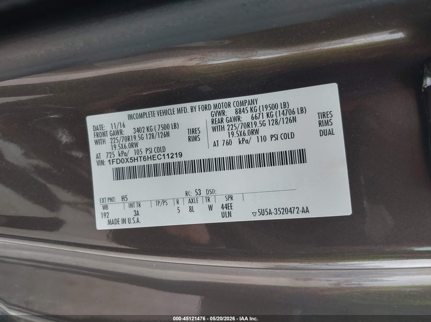 2017 Ford F-550 Chassis Xlt VIN: 1FD0X5HT6HEC11219 Lot: 45121476