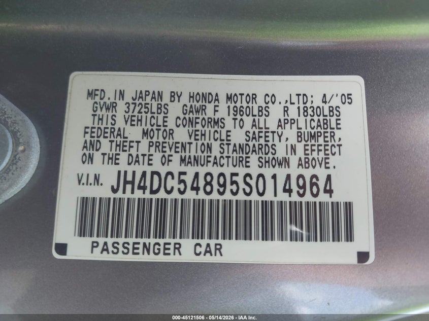 2005 Acura Rsx VIN: JH4DC54895S014964 Lot: 45121506