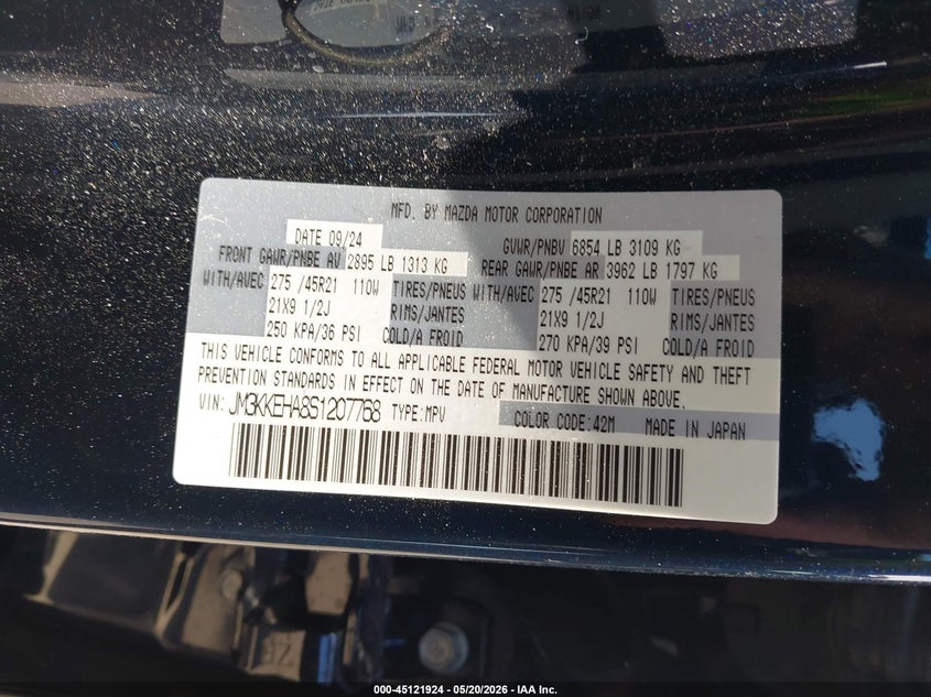 2025 Mazda Cx-90 Phev Premium Plus Package VIN: JM3KKEHA8S1207768 Lot: 45121924