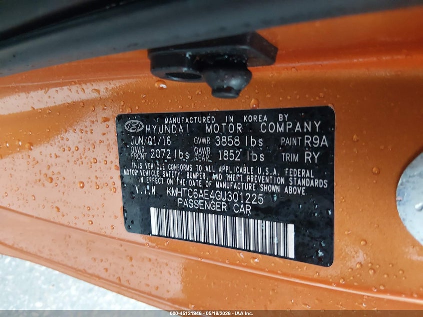 2016 Hyundai Veloster Turbo VIN: KMHTC6AE4GU301225 Lot: 45121946