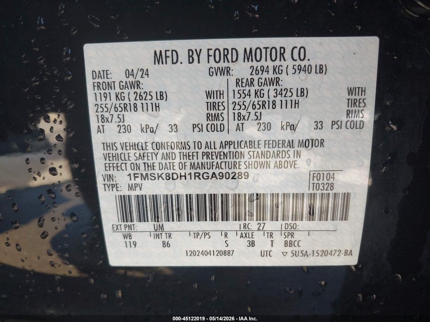 VIN 1FMSK8DH1RGA90289 2024 FORD EXPLORER XLT