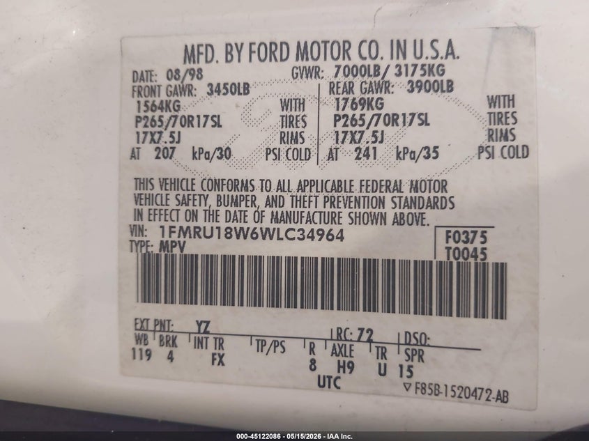 1998 Ford Expedition Eddie Bauer/Xlt VIN: 1FMRU18W6WLC34964 Lot: 45122086