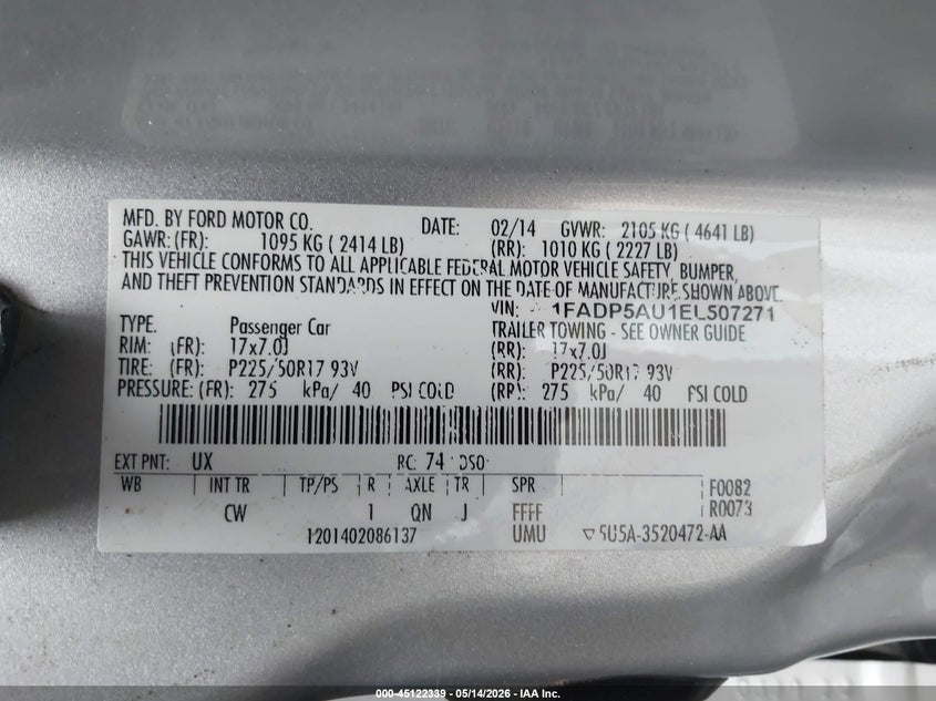 2014 Ford C-Max Hybrid Se VIN: 1FADP5AU1EL507271 Lot: 45122339