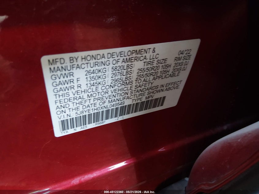 2022 Acura Mdx A-Spec Package VIN: 5J8YE1H0XNL049549 Lot: 45122360