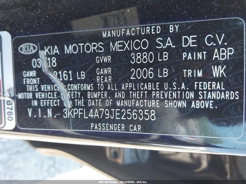 2018 KIA FORTE SEDAN 2.0L I-4 DOHC, VVT, 147HP