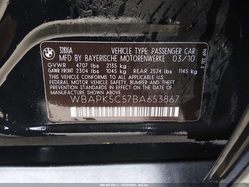 BMW 328I 2011 VIN WBAPK5C57BA653867
