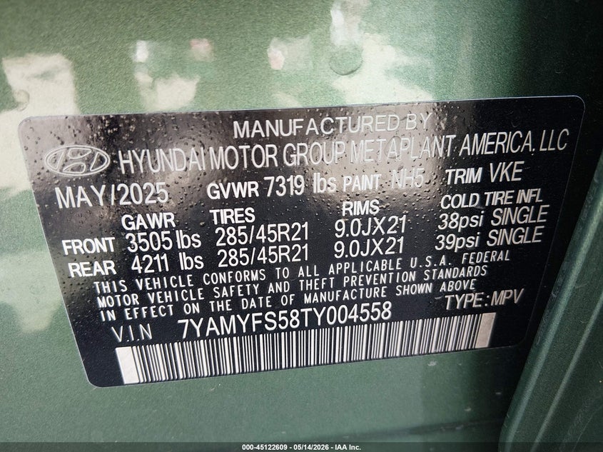 2026 Hyundai Ioniq 9 Performance Calligraphy VIN: 7YAMYFS58TY004558 Lot: 45122609