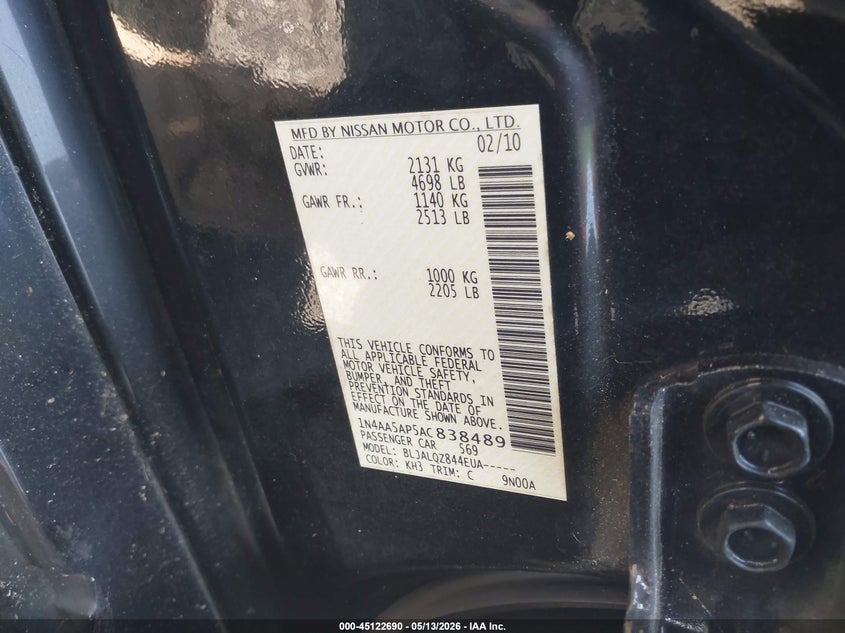 2010 Nissan Maxima 3.5 3.5 S black Lot 111045122690 Vin 1N4AA5AP5AC838489