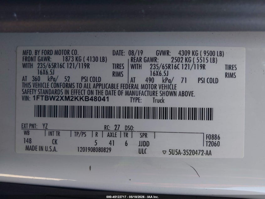 VIN 1FTBW2XM2KKB48041 2019 FORD TRANSIT-350