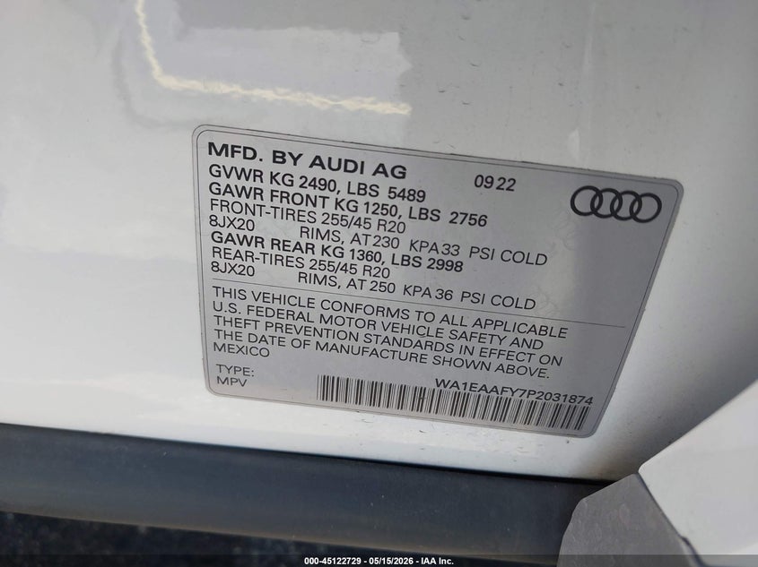 2023 AUDI Q5 SPORT UTILITY VEHICLE 2.0L I-4 DI, DOHC, VVT, TURBO, 261HP