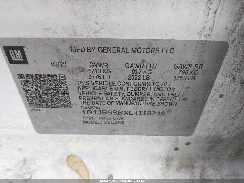 Vin: 1g1jb5sbxl4118248, lot: 45620402, chevrolet sonic fwd  ls 20204