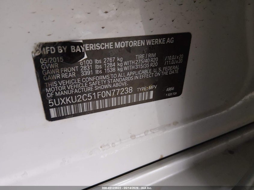 2015 BMW X6 xDrive35I VIN: 5UXKU2C51F0N77238 Lot: 45122822