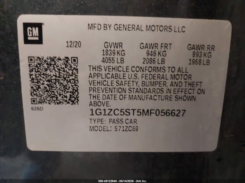 VIN 1G1ZC5ST5MF056627 2021 CHEVROLET MALIBU FWD 1FL