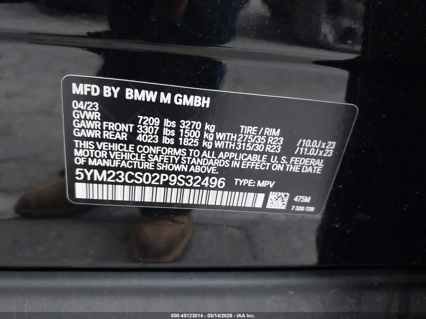 2023 BMW Xm VIN: 5YM23CS02P9S32496 Lot: 45123014