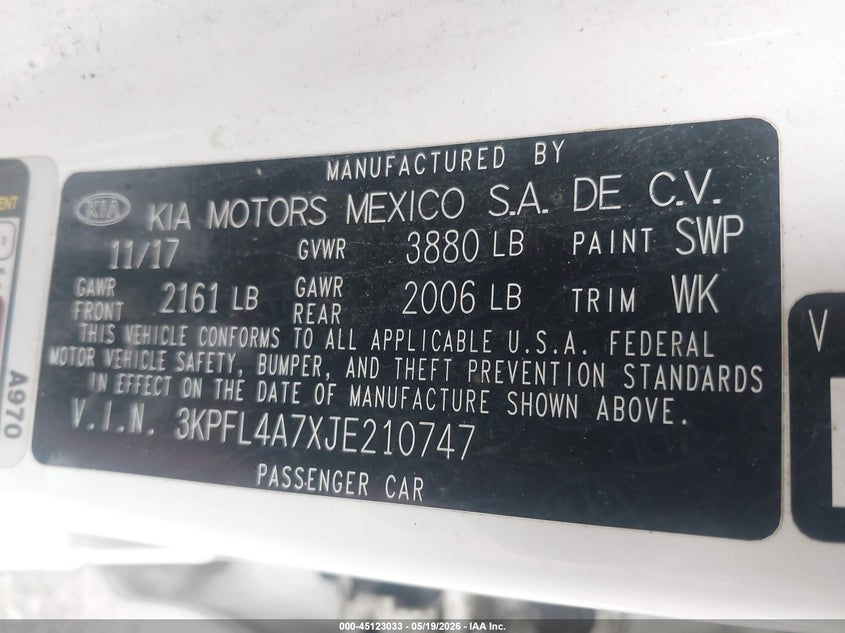 2018 KIA FORTE SEDAN 2.0L I-4 DOHC, VVT, 147HP