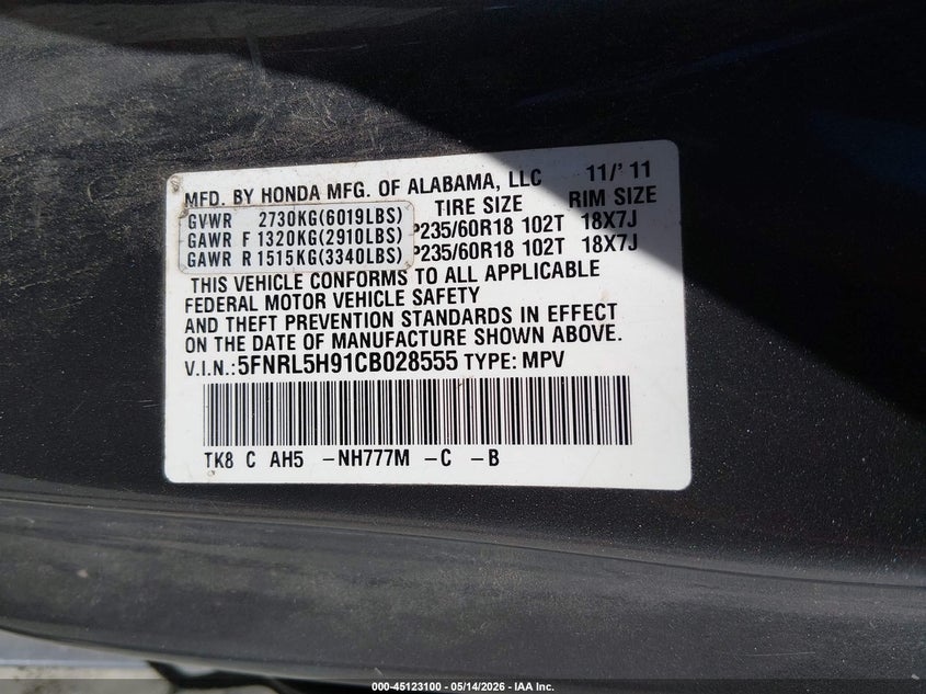 2012 Honda Odyssey 3.5 Touring/Touring Elite grey Lot 111045123100 Vin 5FNRL5H91CB028555