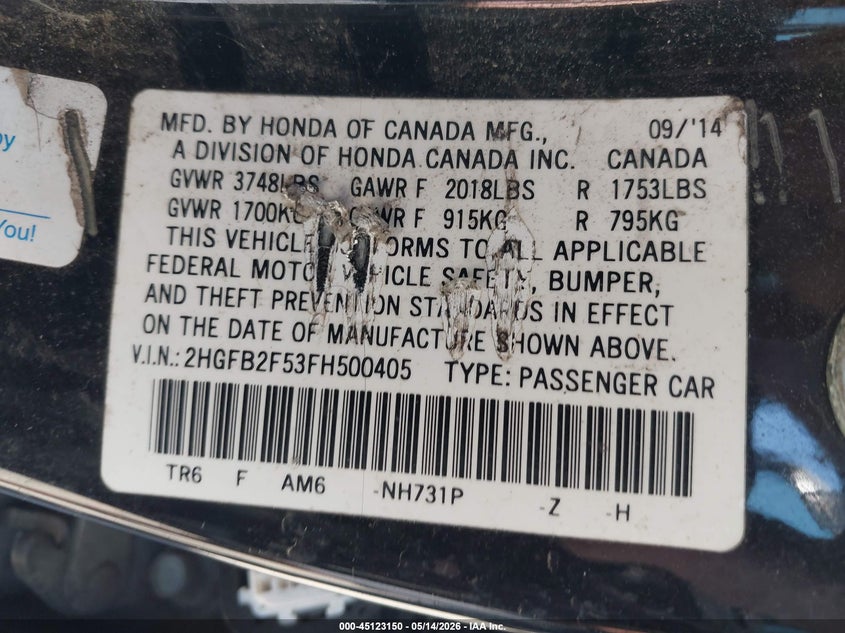 2015 HONDA CIVIC SEDAN 1.8L I-4 VVT, 143HP