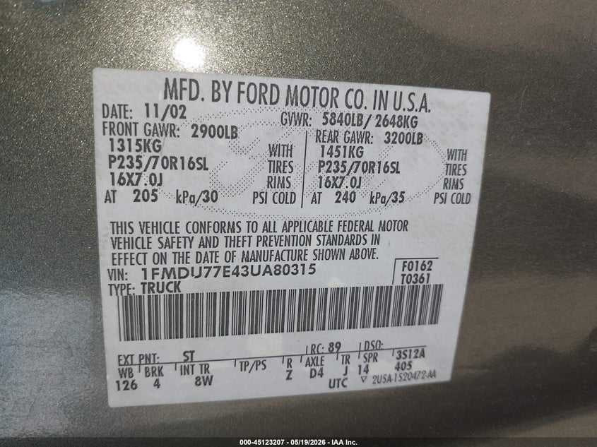 2003 Ford Explorer Sport Trac Xls/Xlt VIN: 1FMDU77E43UA80315 Lot: 45123207