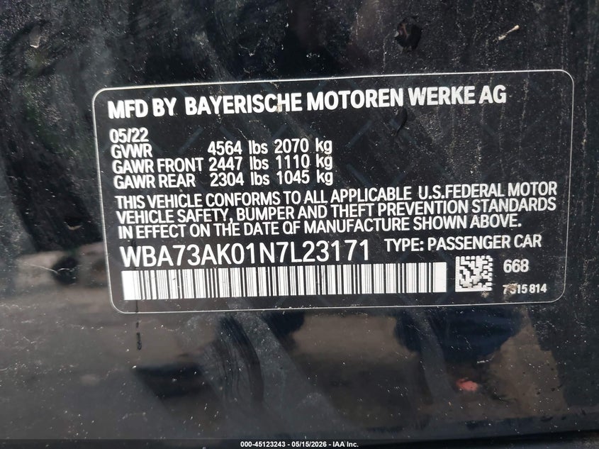 2022 BMW 228 Gran Coupe I xDrive VIN: WBA73AK01N7L23171 Lot: 45123243