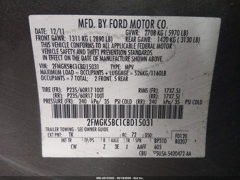 2012 Ford Flex Se VIN: 2FMGK5BC1CBD15031 Lot: 45123302