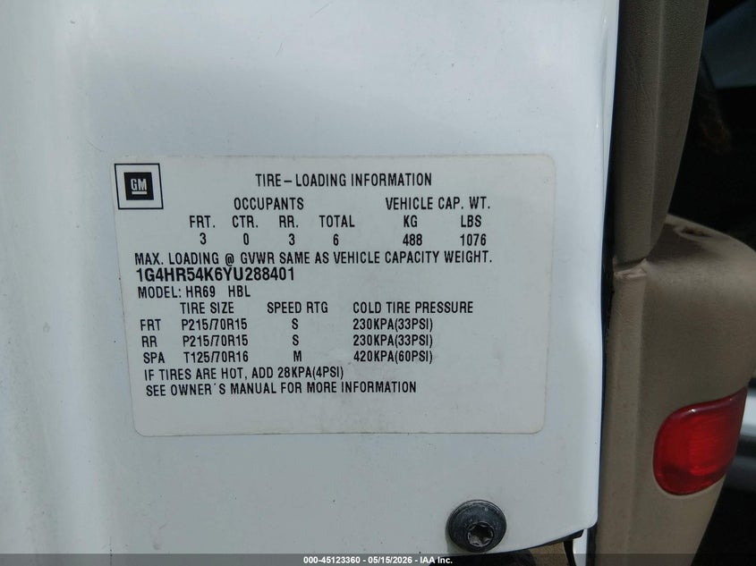 2000 Buick Lesabre Limited VIN: 1G4HR54K6YU288401 Lot: 45123360