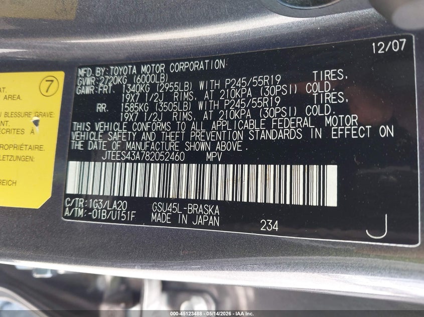 2008 TOYOTA HIGHLANDER SPORT UTILITY VEHICLE 3.5L V-6 DOHC, VVT, 270HP