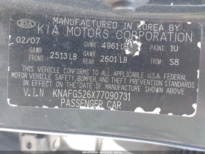2007 Kia Rondo Ex V6 VIN: KNAFG526X77090731 Lot: 45123759