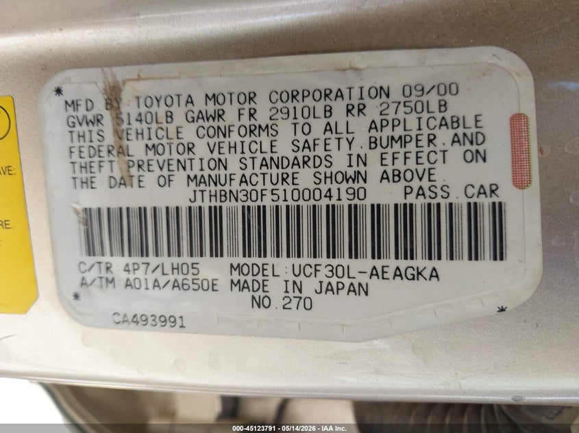 2001 Lexus Ls 430 VIN: JTHBN30F510004190 Lot: 45123791