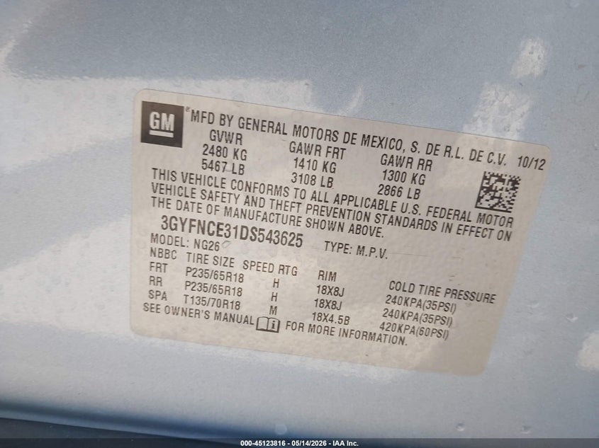 2013 CADILLAC SRX SPORT UTILITY VEHICLE 3.6L V-6 DI, DOHC, VVT, 308HP