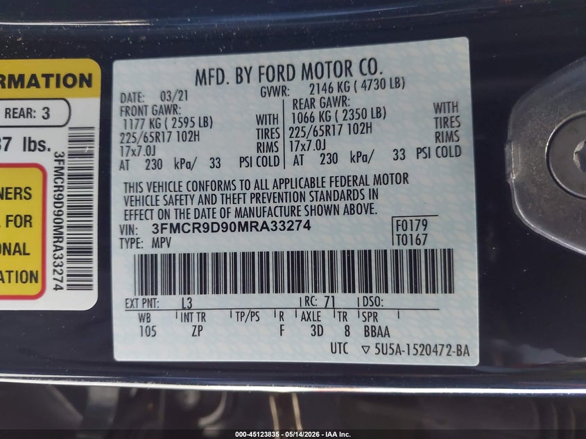 2021 Ford Bronco Sport Badlands VIN: 3FMCR9D90MRA33274 Lot: 45123835