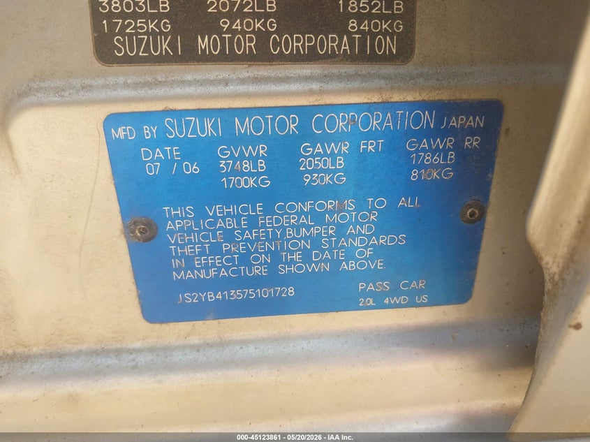 2007 Suzuki Sx4 Convenience/Rally VIN: JS2YB413575101728 Lot: 45123861