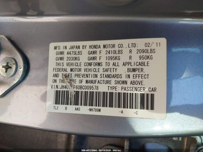 2011 Acura Tsx 2.4 VIN: JH4CU2F60BC009578 Lot: 45123864