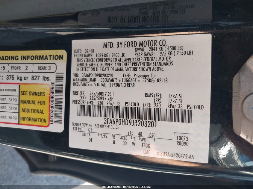 VIN 3FA6P0HD9JR203201 2018 FORD FUSION SE
