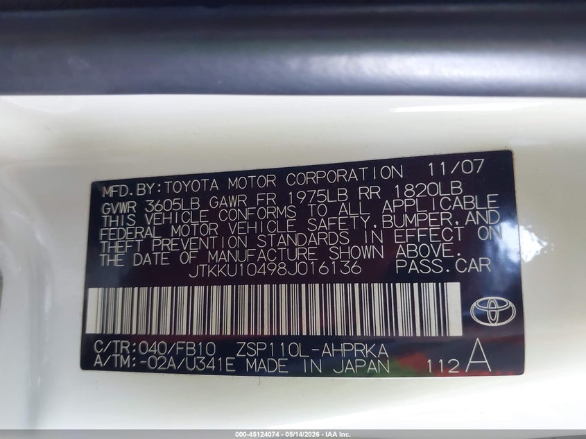 2008 Scion Xd VIN: JTKKU10498J016136 Lot: 45124074