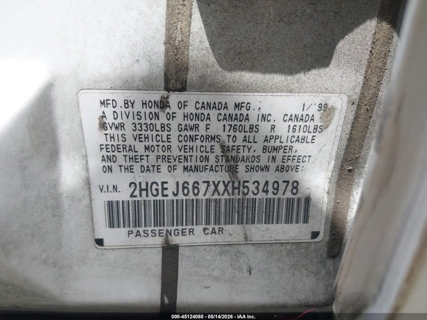 1999 Honda Civic Lx VIN: 2HGEJ667XXH534978 Lot: 45124088