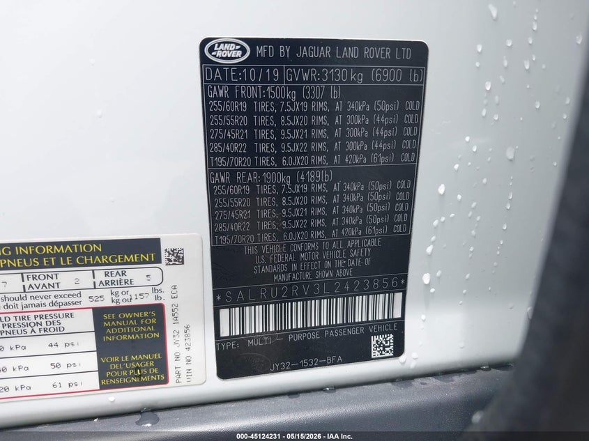2020 Land Rover Discovery Landmark Edition VIN: SALRU2RV3L2423856 Lot: 45124231