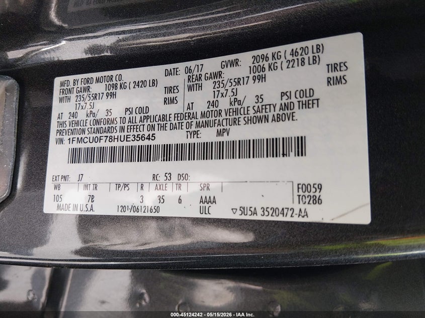 VIN 1FMCU0F78HUE35645 2017 FORD ESCAPE S