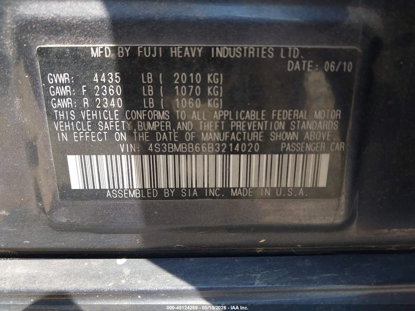 2011 Subaru LEGACY 2.5 2.5I Premium grey Lot 111045124269 Vin 4S3BMBB66B3214020