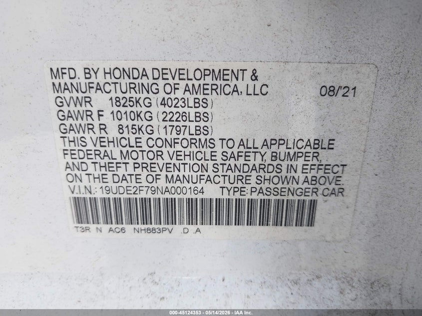2022 Acura Ilx Premium Package VIN: 19UDE2F79NA000164 Lot: 45124353