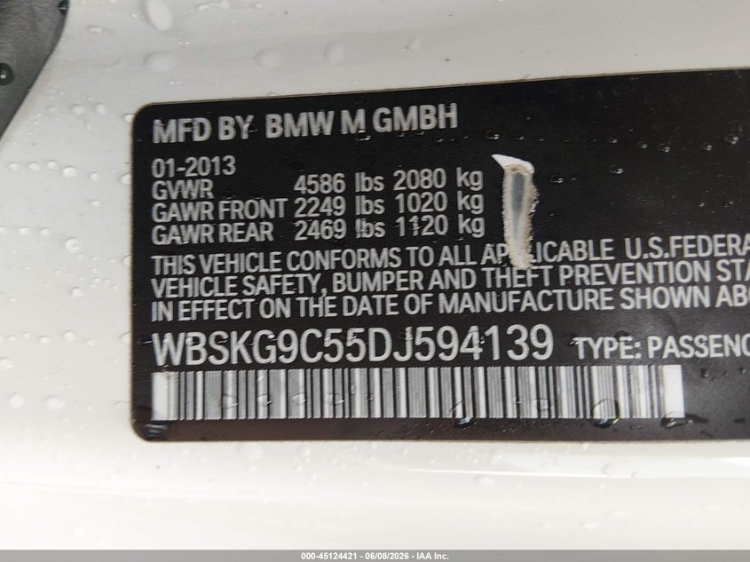 2013 BMW M3 VIN: WBSKG9C55DJ594139 Lot: 45124421