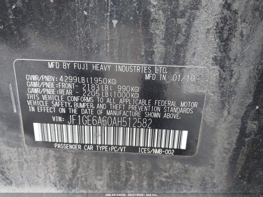 2010 Subaru Impreza 2.5I VIN: JF1GE6A60AH512582 Lot: 45124530