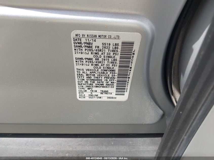 2015 Infiniti Qx70 VIN: JN8CS1MW2FM482133 Lot: 45124548