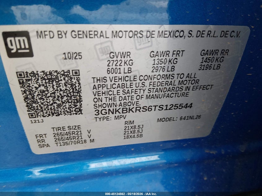 VIN 3GNKBKRS6TS125544 2026 CHEVROLET BLAZER RS