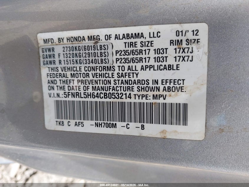 2012 Honda Odyssey 3.5 Ex-L Silver Lot 111045124681 Vin 5FNRL5H64CB053214