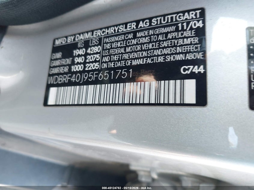 2005 Mercedes-Benz C 230 Kompressor Sport VIN: WDBRF40J95F651751 Lot: 45124782