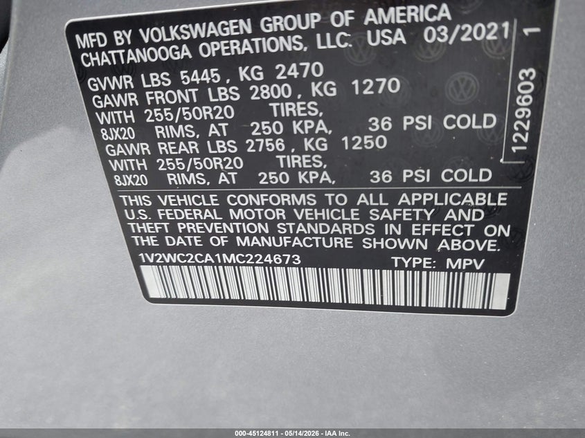 2021 Volkswagen Atlas Cross Sport 2.0T Se W/Technology VIN: 1V2WC2CA1MC224673 Lot: 45124811
